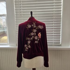 Floral Embroidered Velvet Bomber Jacket - Burgundy